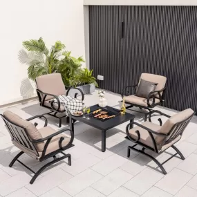 5 Pieces Patio Rocking Chairs and 4-in-1 Fire Pit Table with Fire Poker