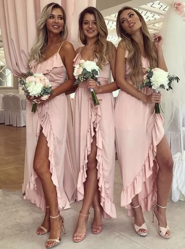 A-Line Spaghetti Straps Pink Satin Bridesmaid Dress