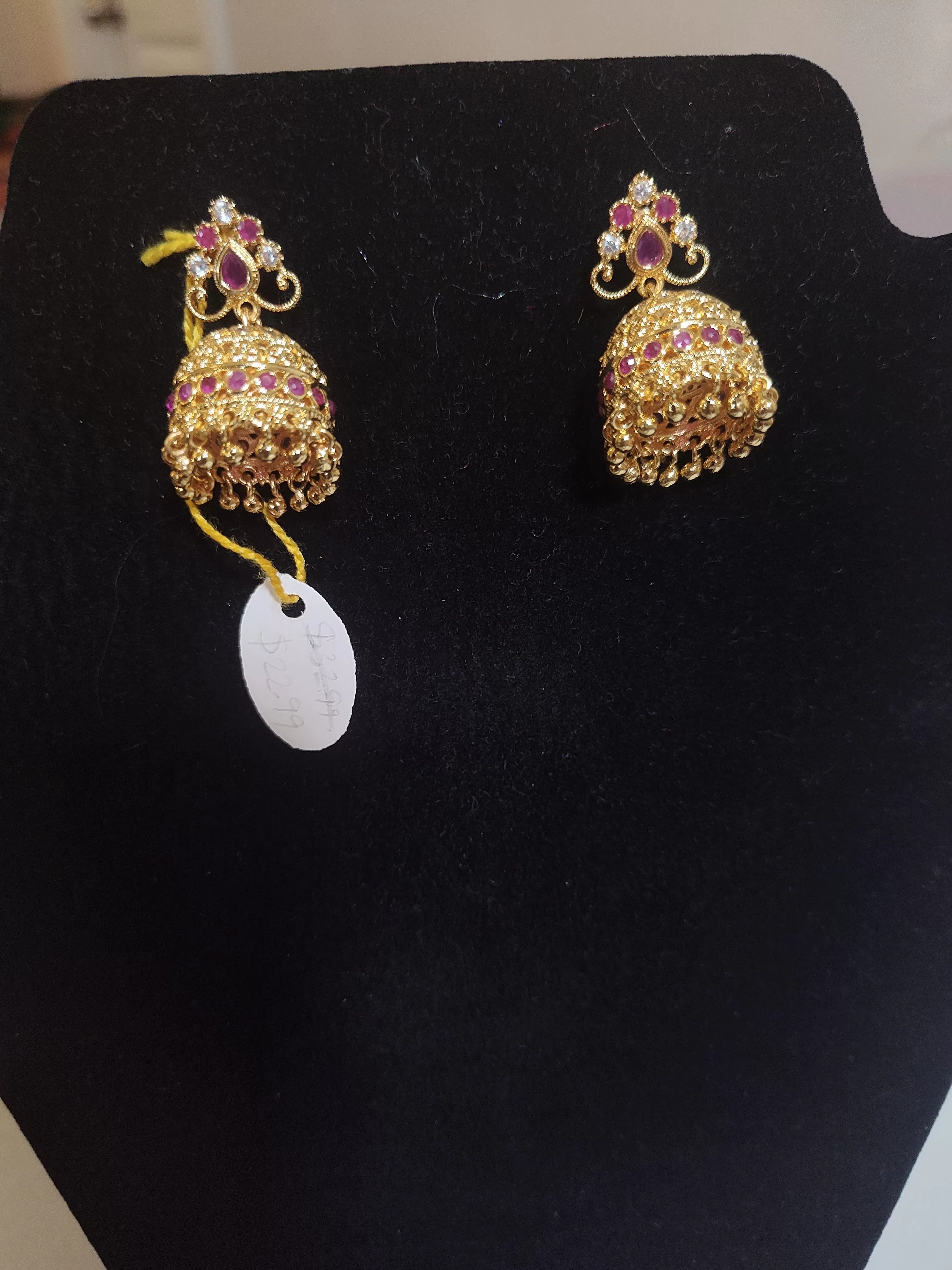 Attractive Gold Plated Jhumkha Earrings  With Pink Stones