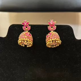 Beautiful Gold Plated Jhumka Earrings With Pink Stones