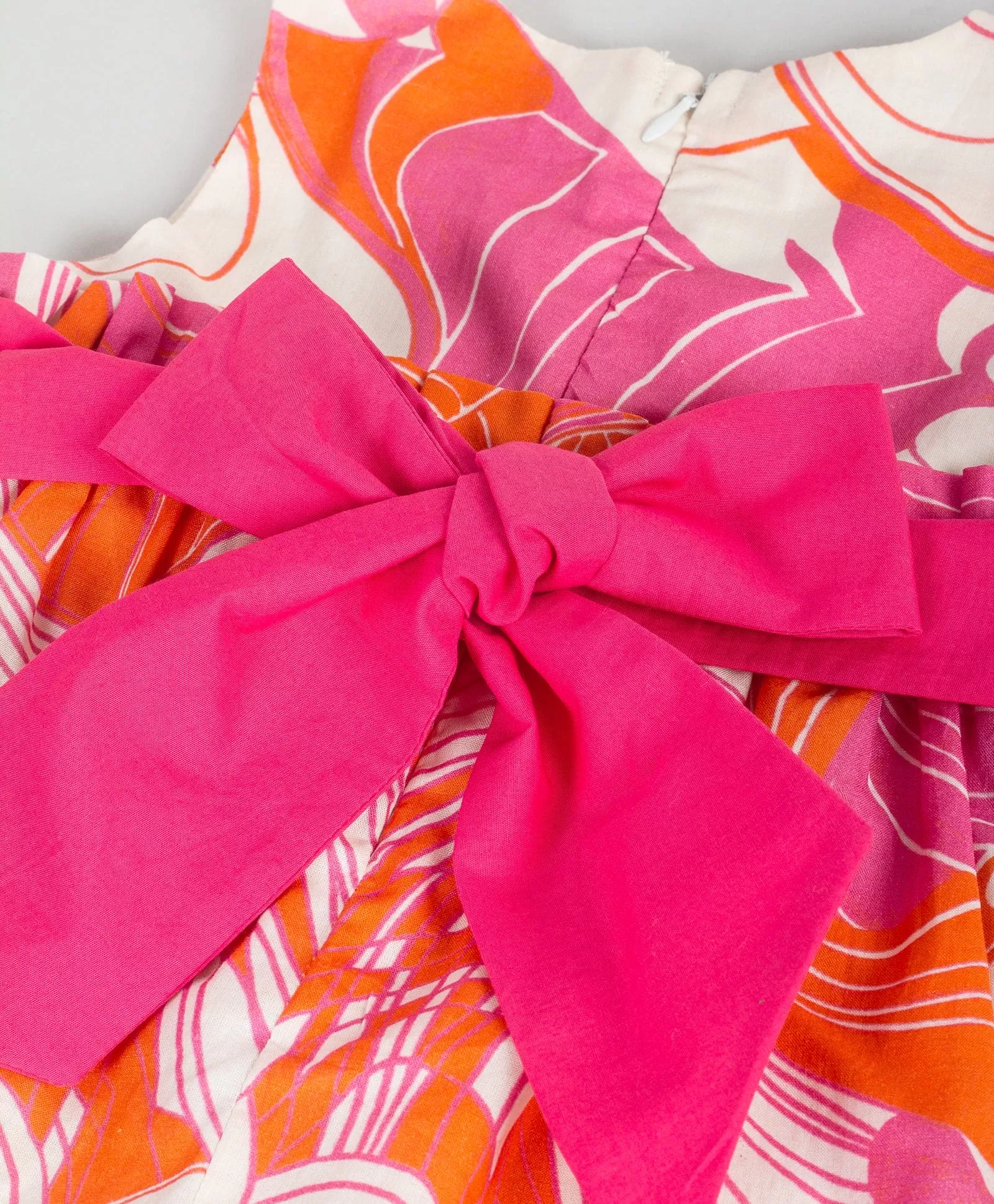 Big print dress with white bow-Pink orange