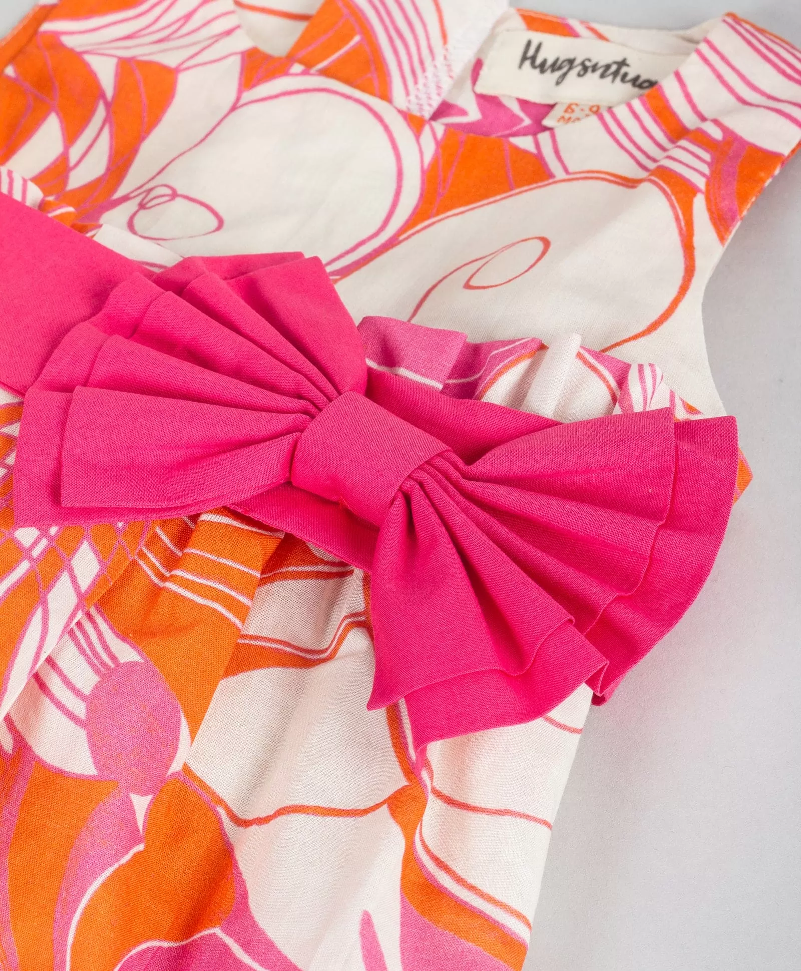 Big print dress with white bow-Pink orange