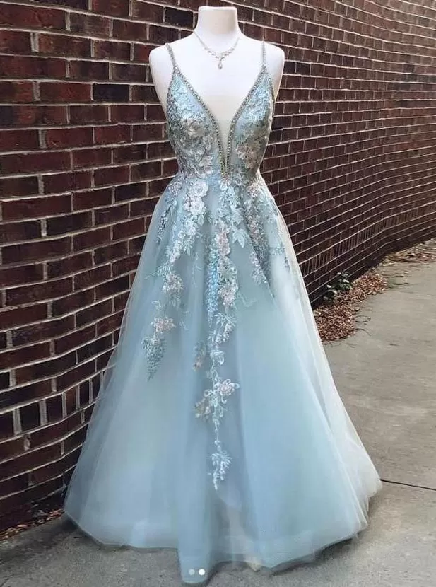 Blue A-line V neck Lace Long Prom Dresses Evening Dresses