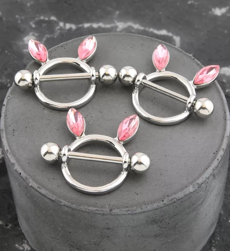 Bunny Ears Pink CZ Nipple Ring Shield