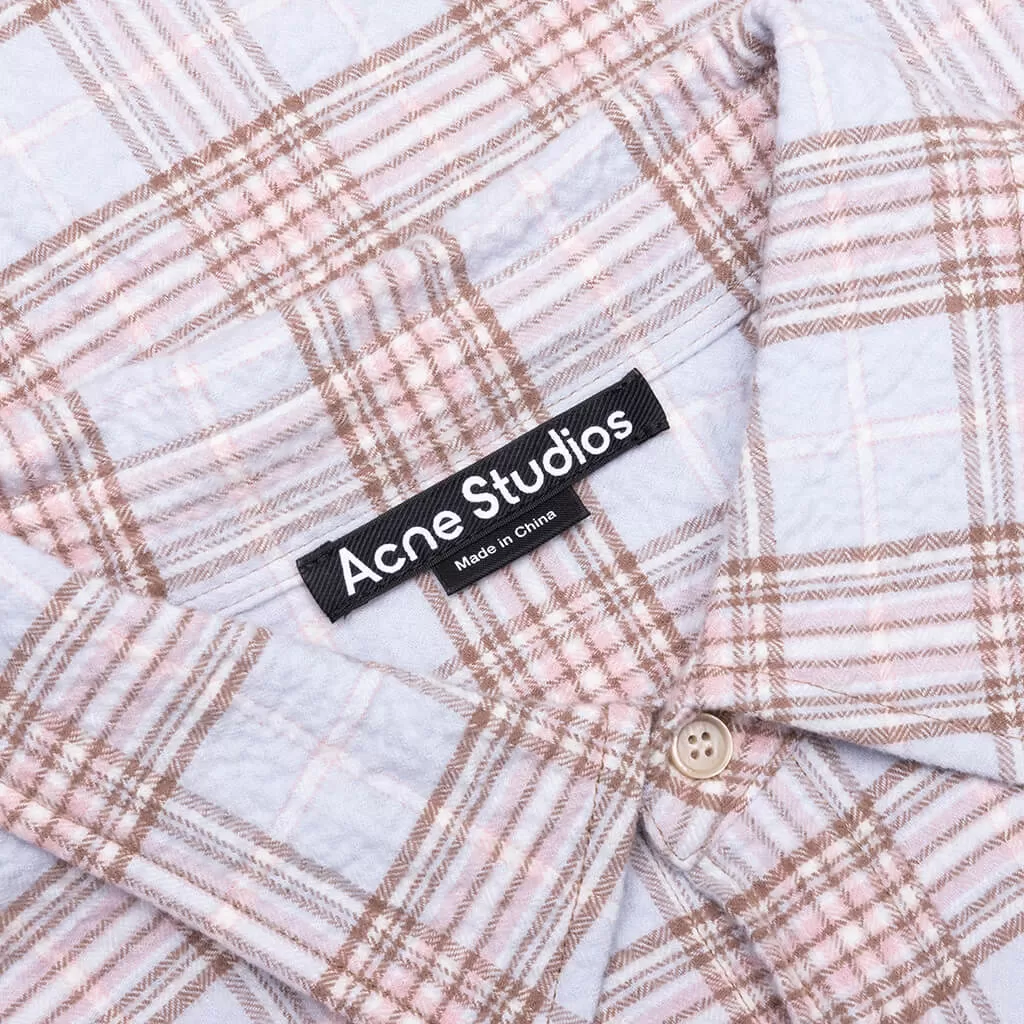 Check Flannel Button-Up Shirt - Light Blue/Pink