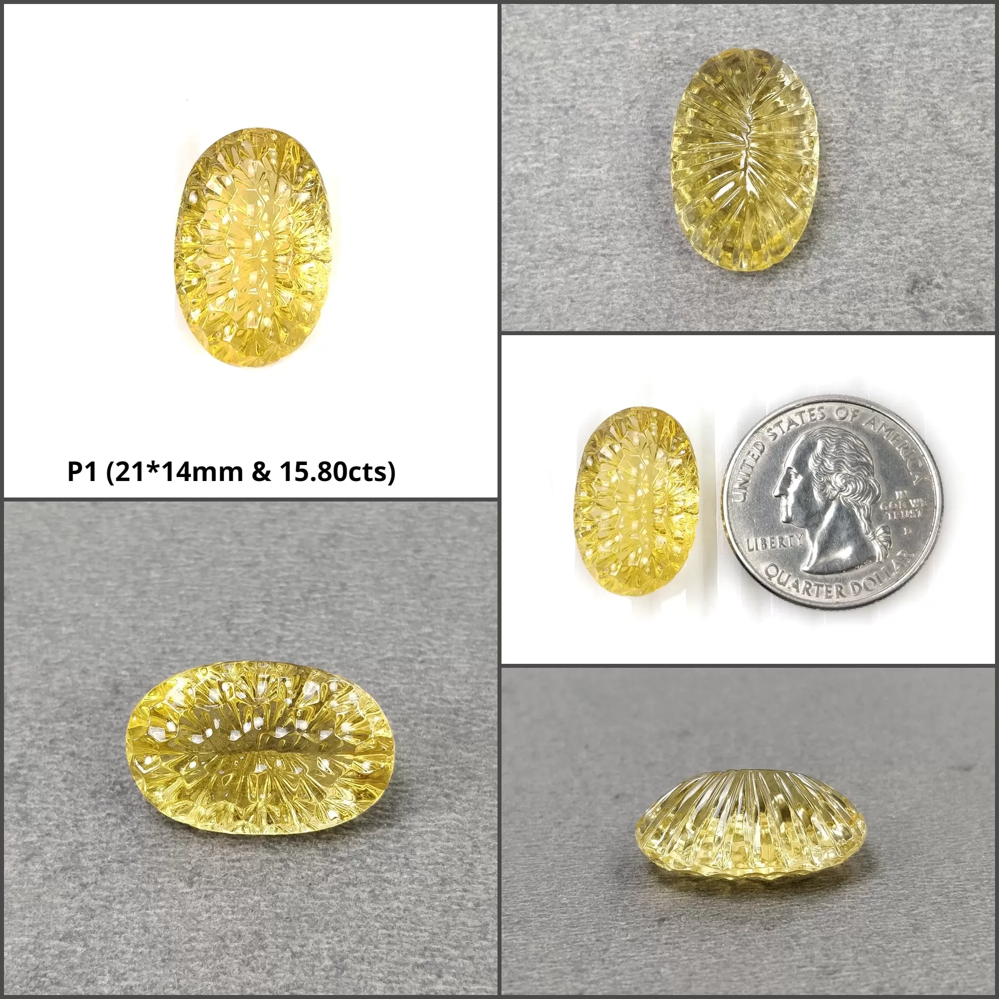 CITRINE Gemstone Carving : Natural Untreated Unheated Yellow Citrine Oval Pear & Cushion Shape Both Side Hand Carved