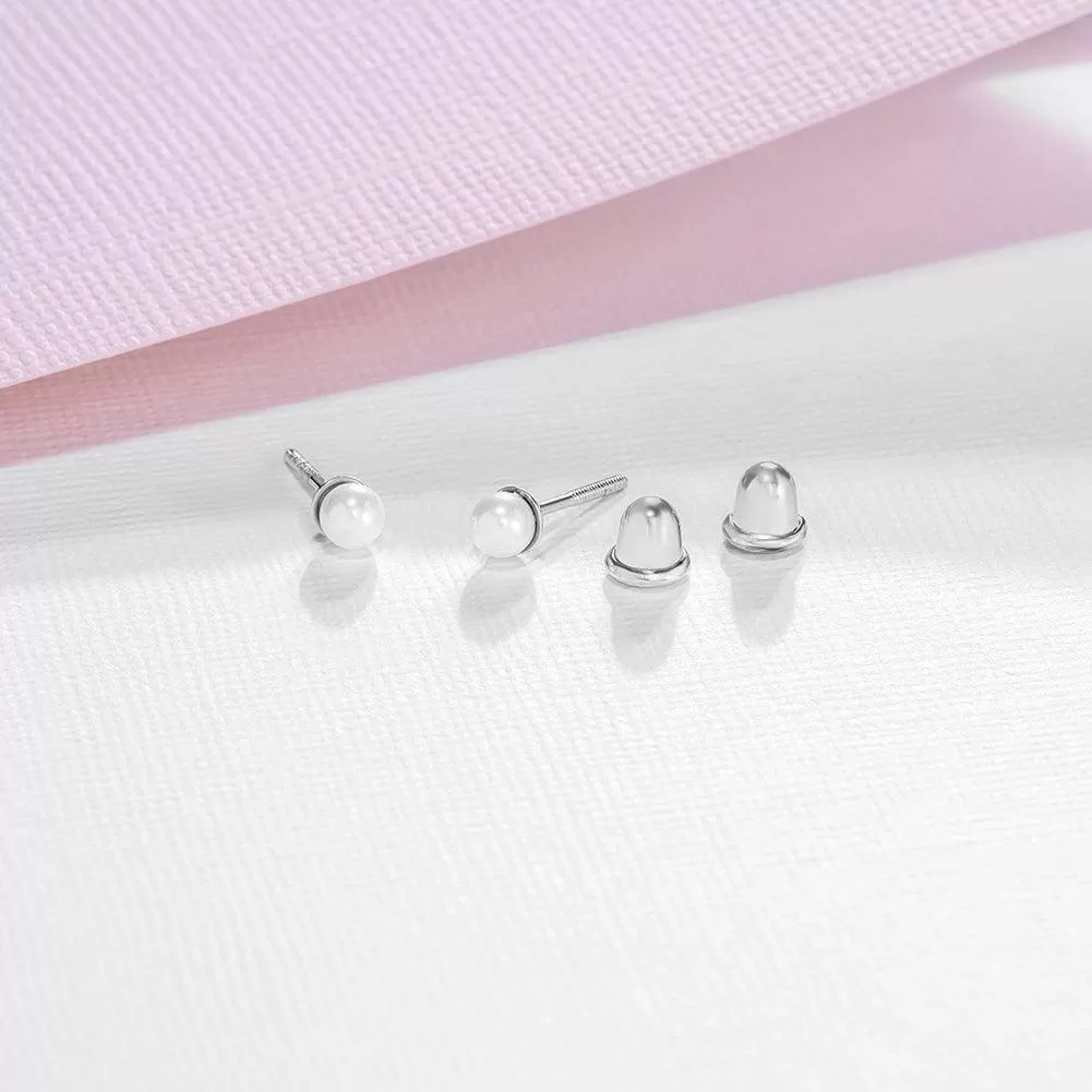 Classic Pearl White 3-5mm Sterling Silver Baby Children Screw Back Earrings