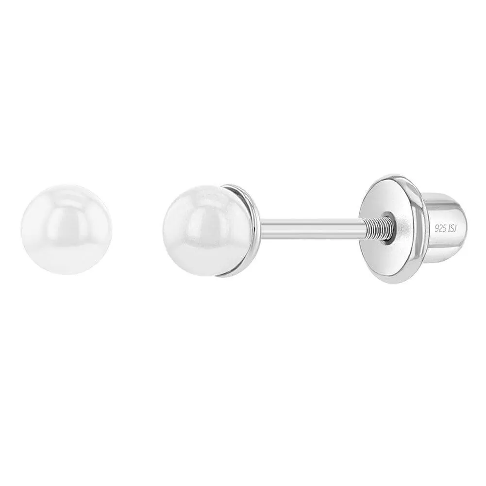 Classic Pearl White 3-5mm Sterling Silver Baby Children Screw Back Earrings