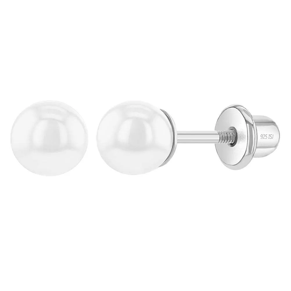 Classic Pearl White 3-5mm Sterling Silver Baby Children Screw Back Earrings