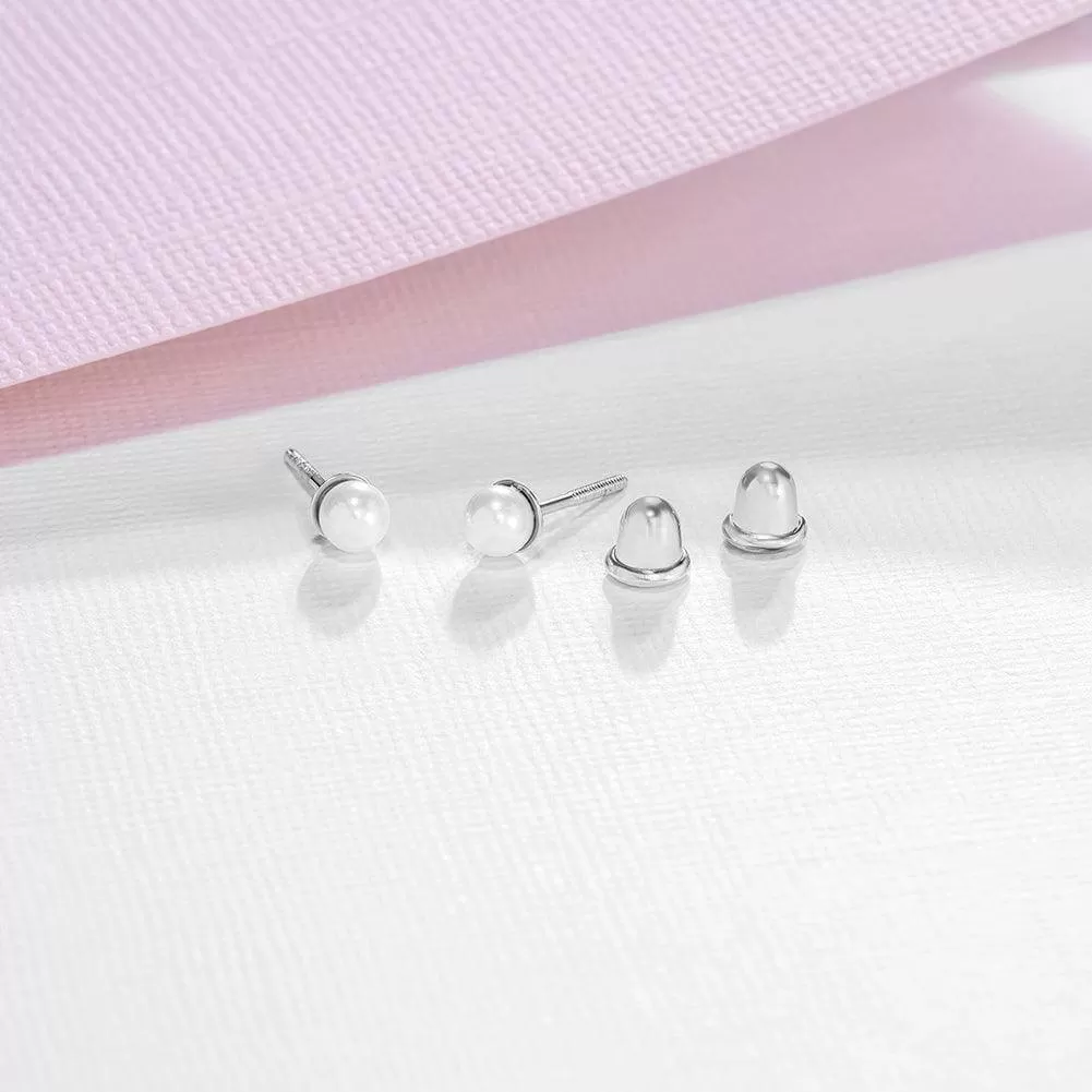 Classic Pearl White 3-5mm Sterling Silver Baby Children Screw Back Earrings