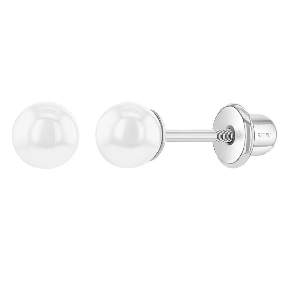 Classic Pearl White 3-5mm Sterling Silver Baby Children Screw Back Earrings