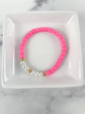 Clay Tube   Small Pearl Bracelet 6mm Hot Pink