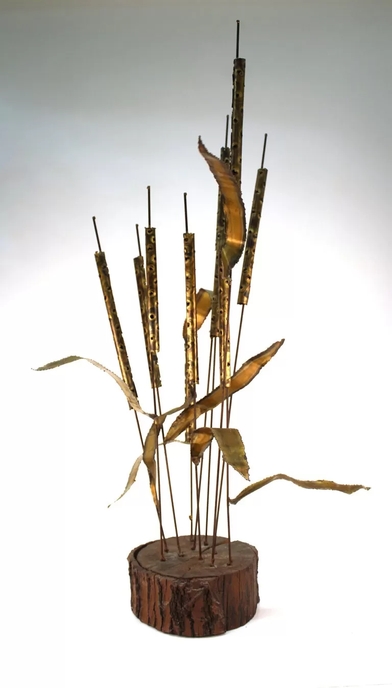 Curtis Jere Manner Mid-Century Modern Cattail Sculpture on Wood Base