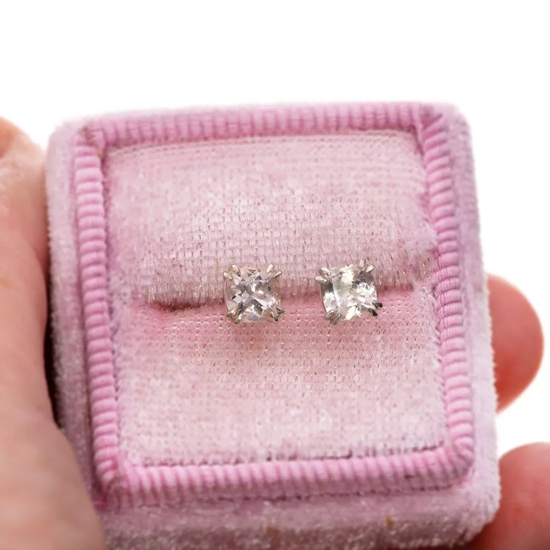 Cushion Cut Morganite Prong Set Sterling Silver Basket Stud Earrings, Ready to Ship