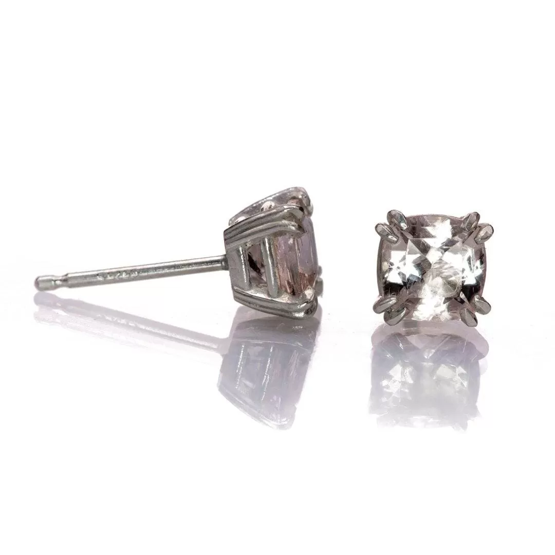 Cushion Cut Morganite Prong Set Sterling Silver Basket Stud Earrings, Ready to Ship