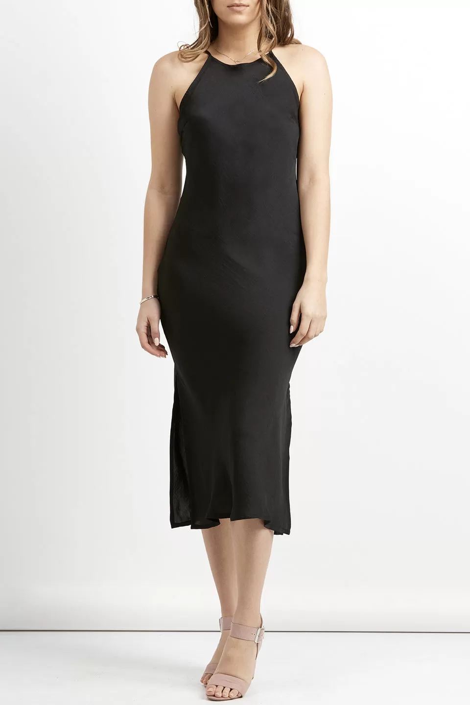 Destination Bias Cut Black Washer Satin Midi Dress