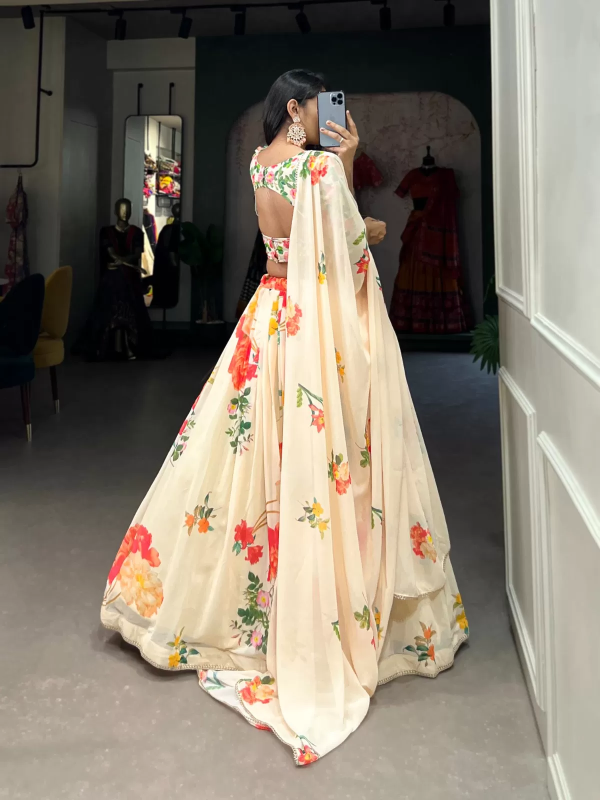 Floral Print Georgette Lehengas With Lace Border