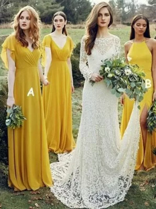 Flowy Yellow Long Chiffon Cheap Floor Length Bridesmaid Dress