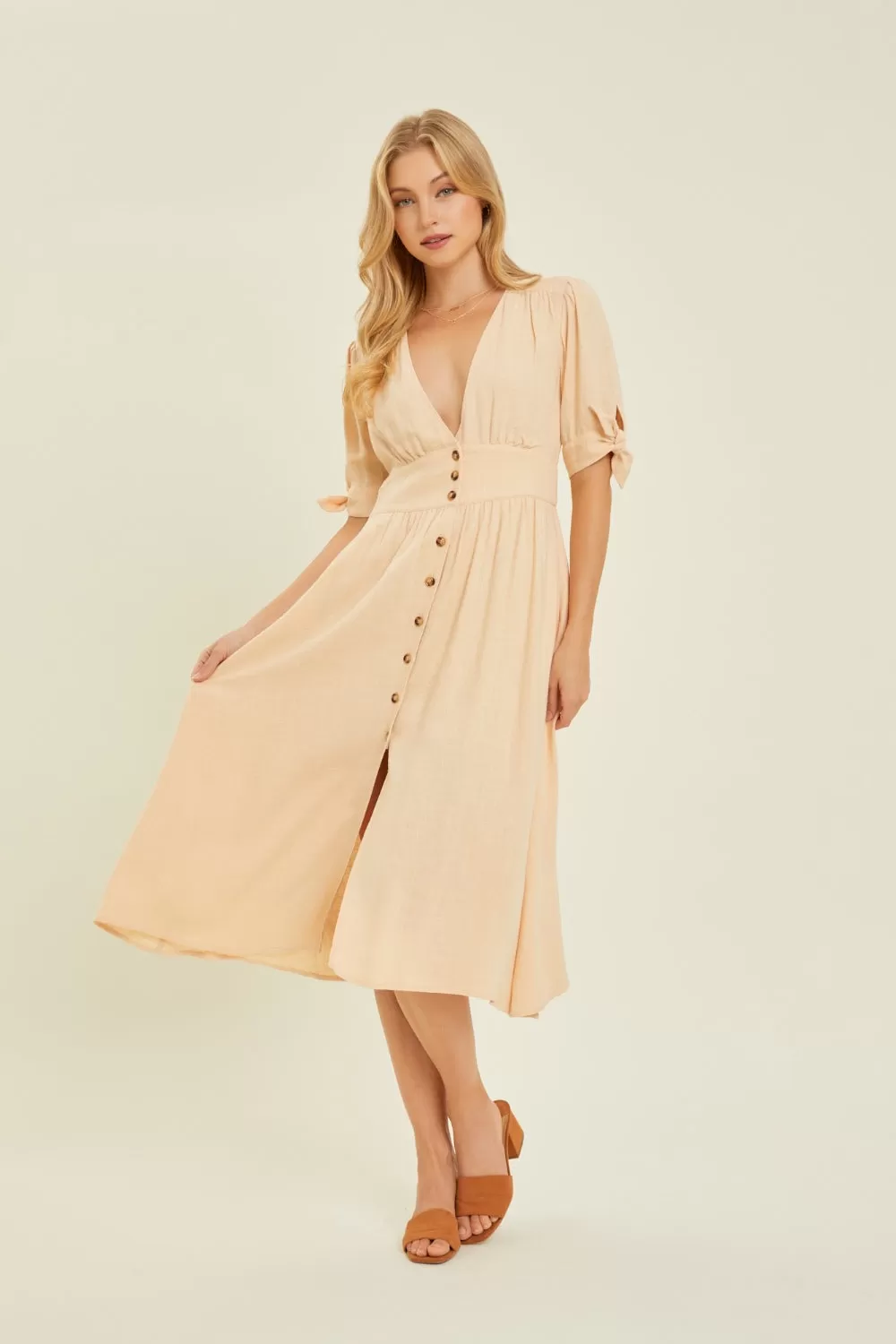 Full Size Textured Linen V-Neck Button-Down Midi Dress