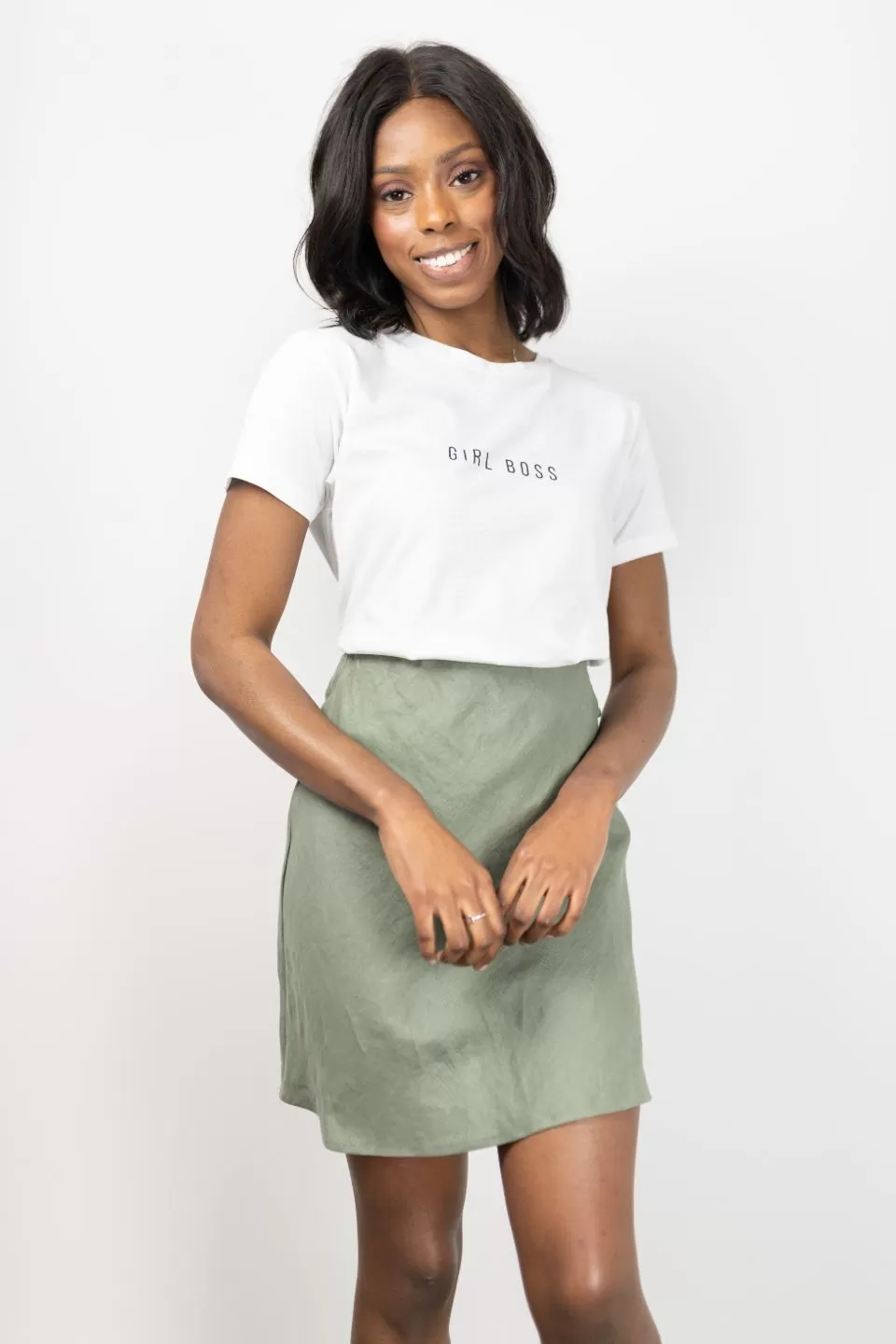 Gentle Bias Khaki Linen Mini Skirt with Self Buttons