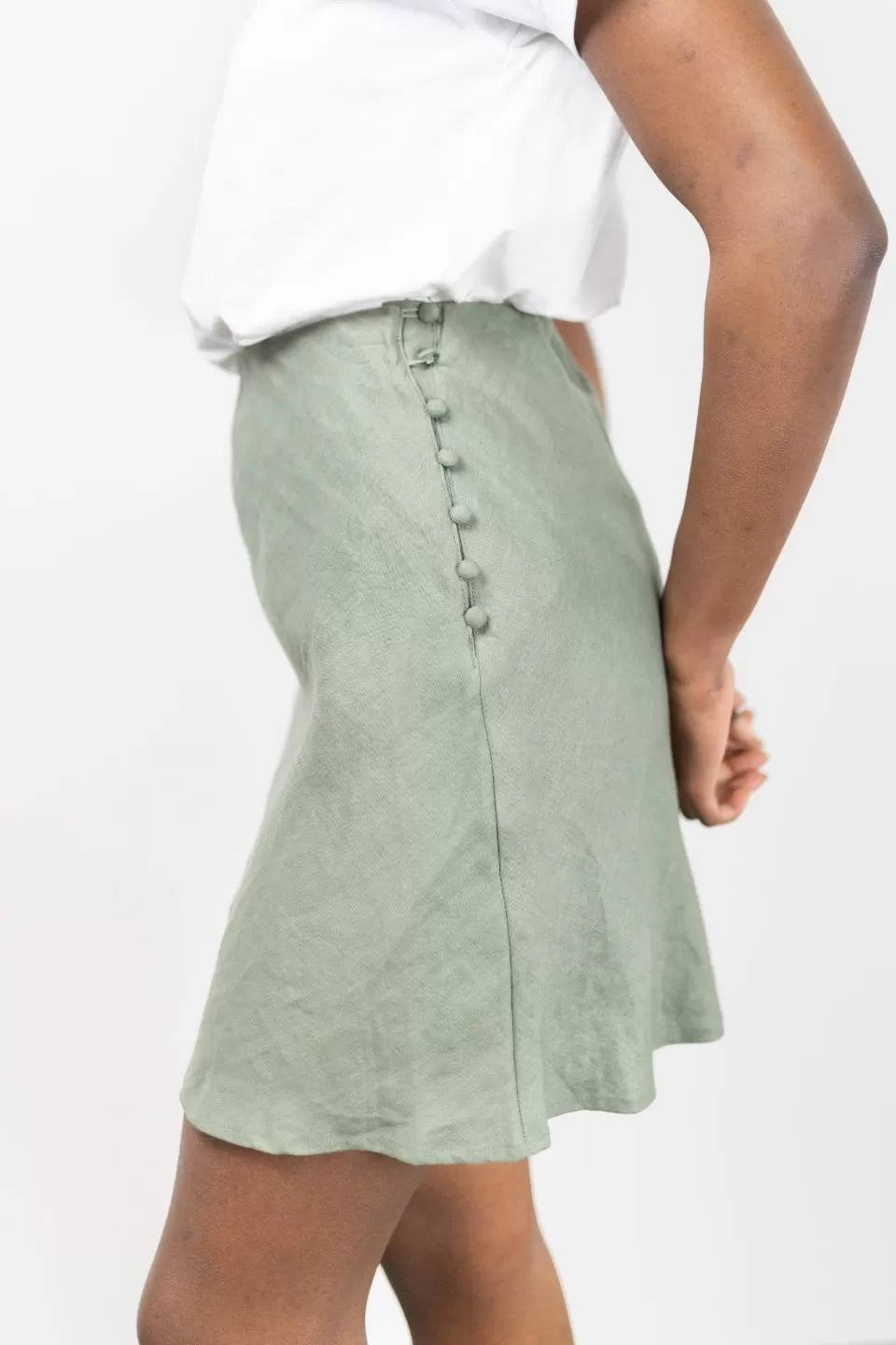 Gentle Bias Khaki Linen Mini Skirt with Self Buttons