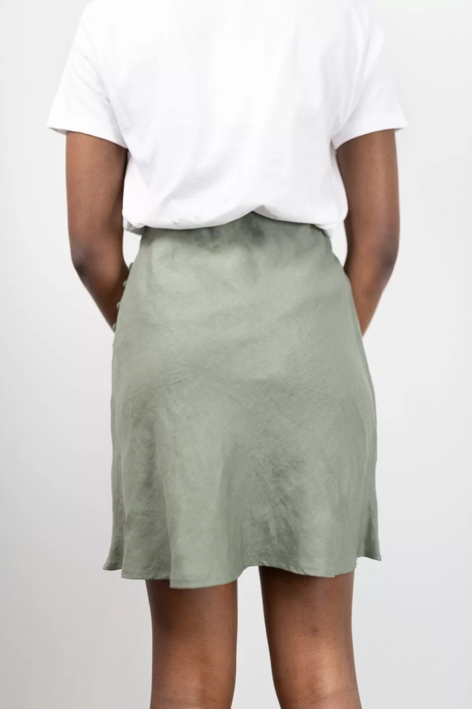 Gentle Bias Khaki Linen Mini Skirt with Self Buttons