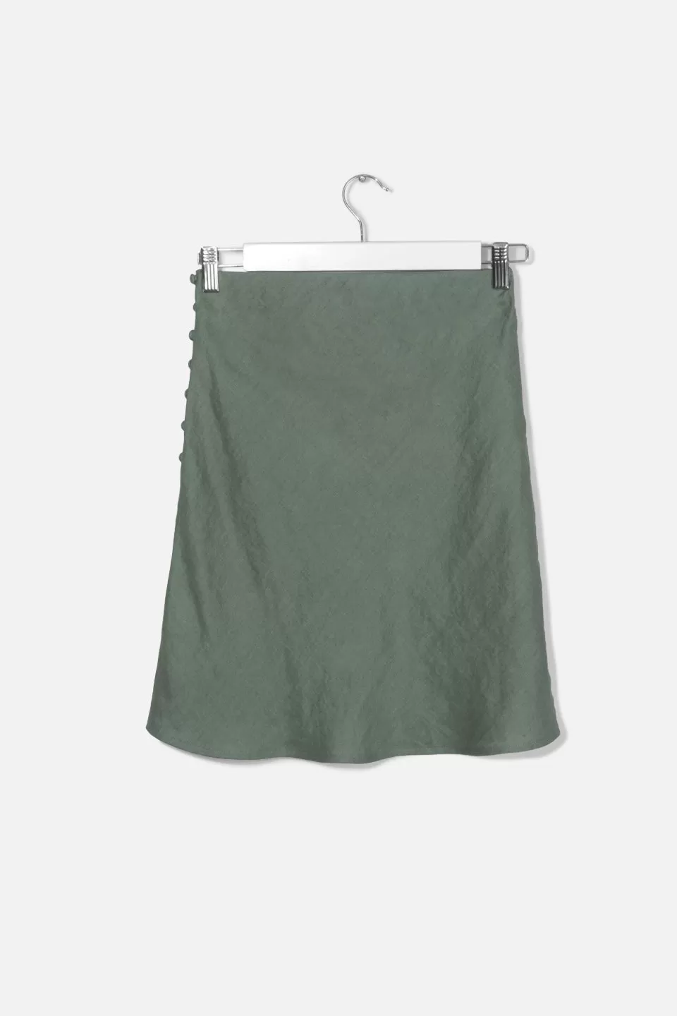 Gentle Bias Khaki Linen Mini Skirt with Self Buttons