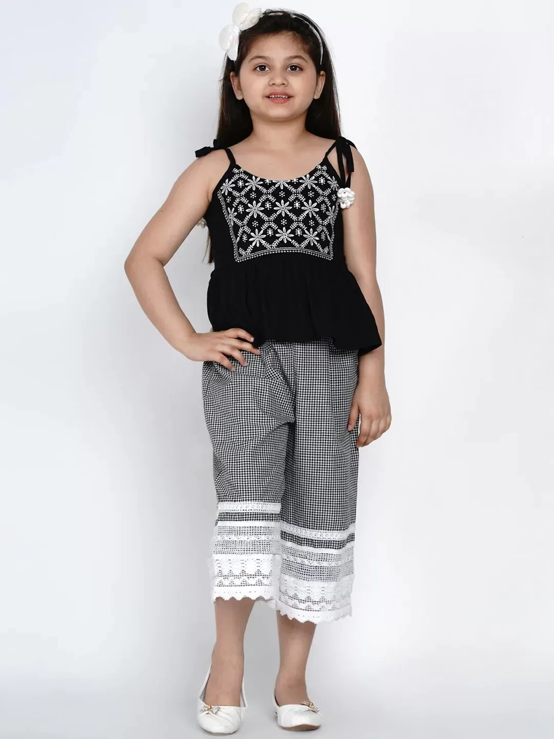 Girls Black & White Embroidered Top With Palazzos