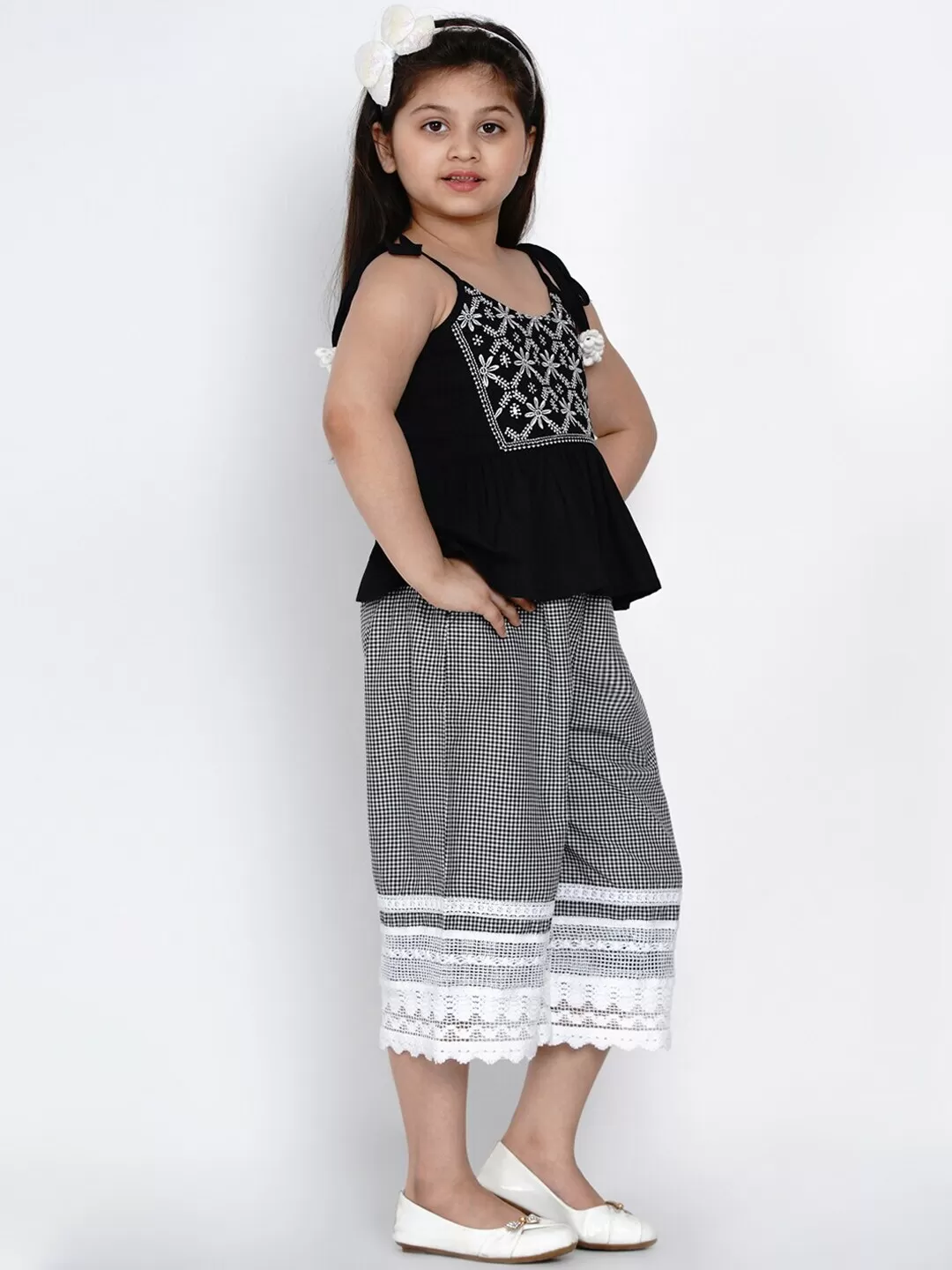 Girls Black & White Embroidered Top With Palazzos