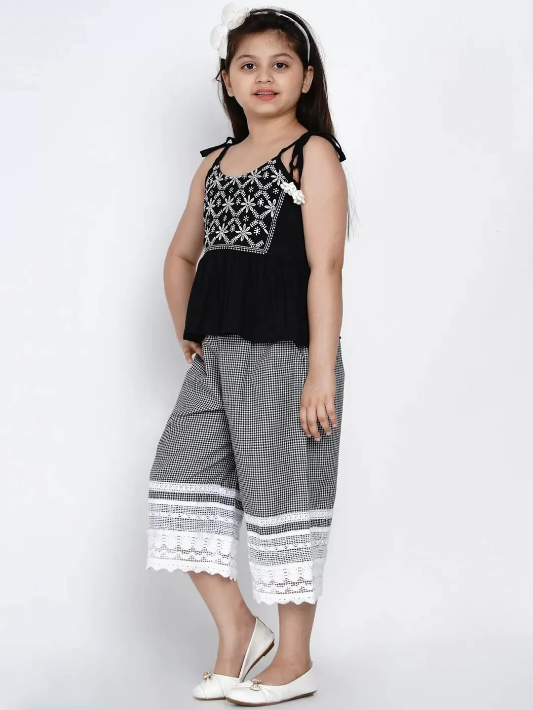 Girls Black & White Embroidered Top With Palazzos