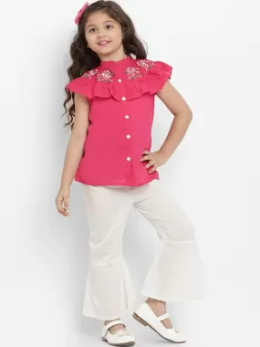 Girls Fuchsia Pink & White Printed Top With Palazzos