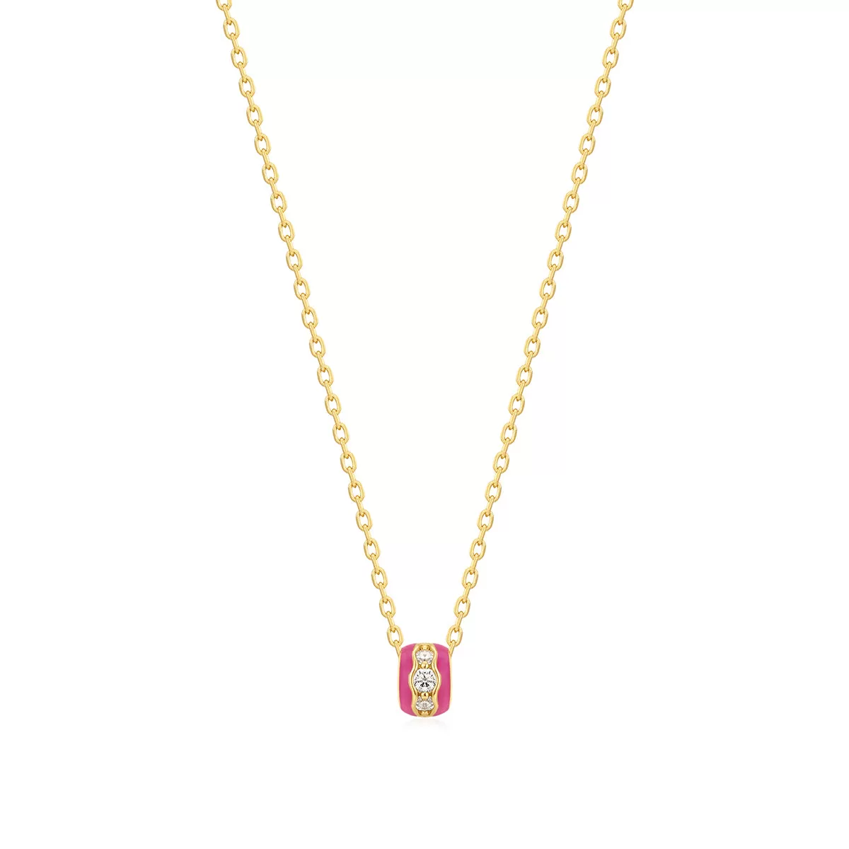 Gold Plated Pink Enamel & CZ Channel Rondelle Necklace