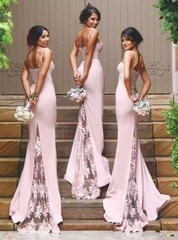 Gorgeous Spaghetti Mermaid Pink Long Bridesmaid Dress