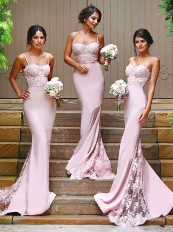 Gorgeous Spaghetti Mermaid Pink Long Bridesmaid Dress