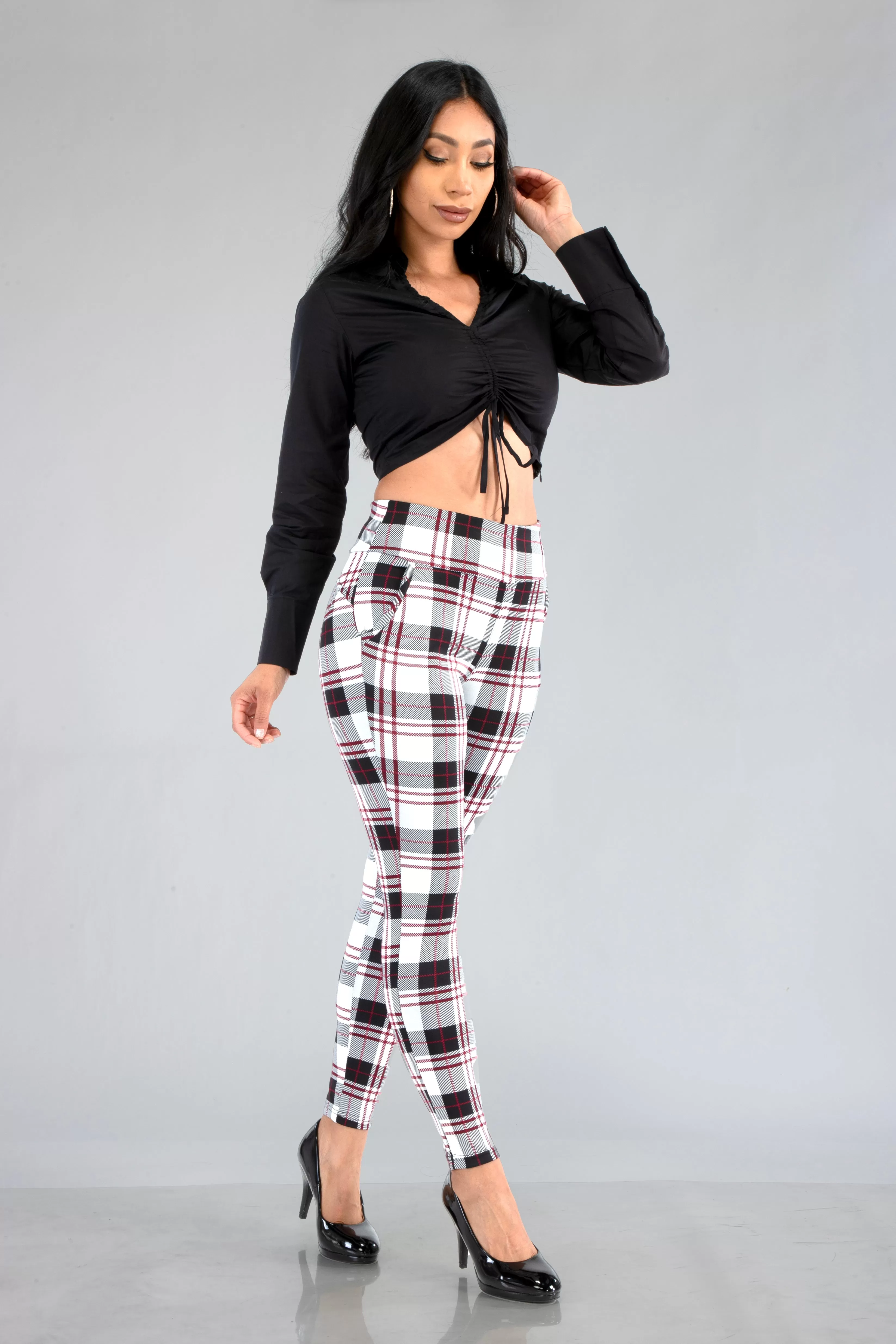 High Waist Sculpting Treggings With Front Pockets - White, Black, Red Plaid