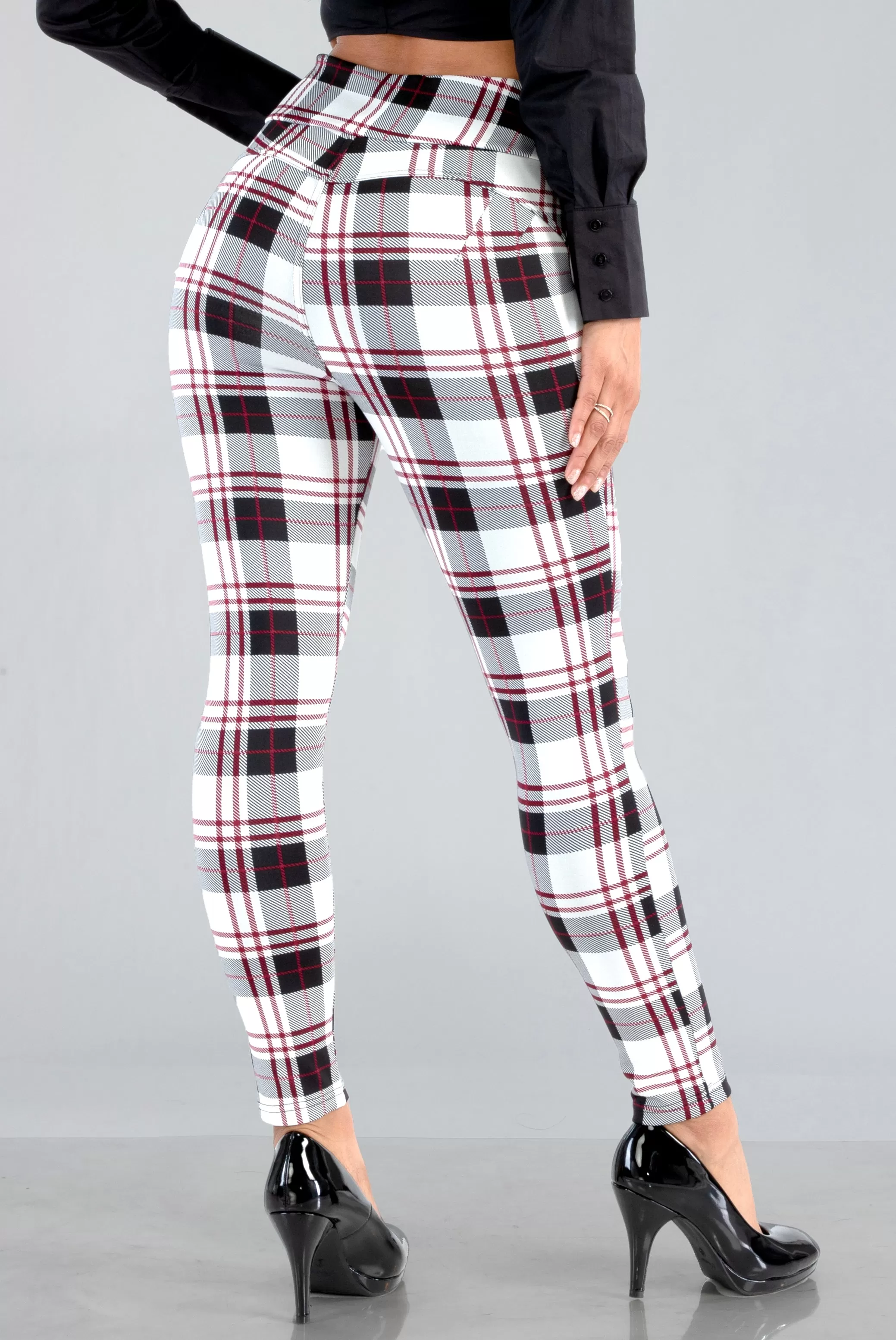 High Waist Sculpting Treggings With Front Pockets - White, Black, Red Plaid