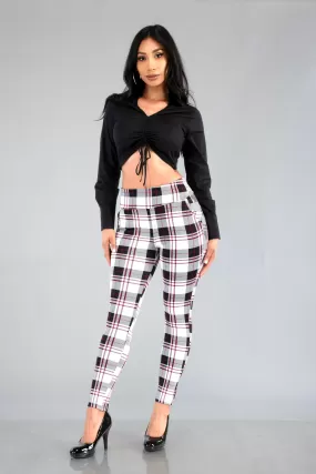 High Waist Sculpting Treggings With Front Pockets - White, Black, Red Plaid