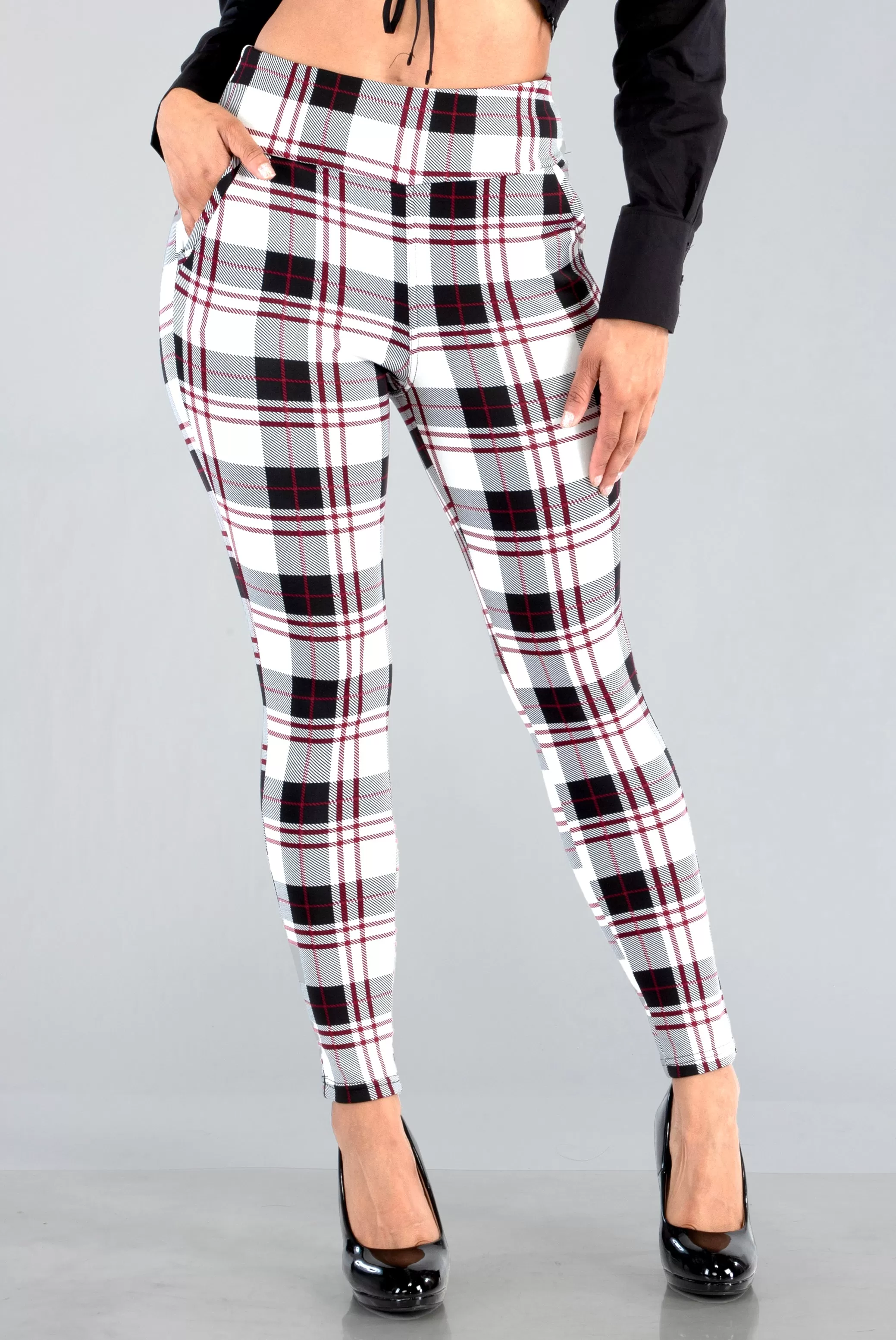 High Waist Sculpting Treggings With Front Pockets - White, Black, Red Plaid