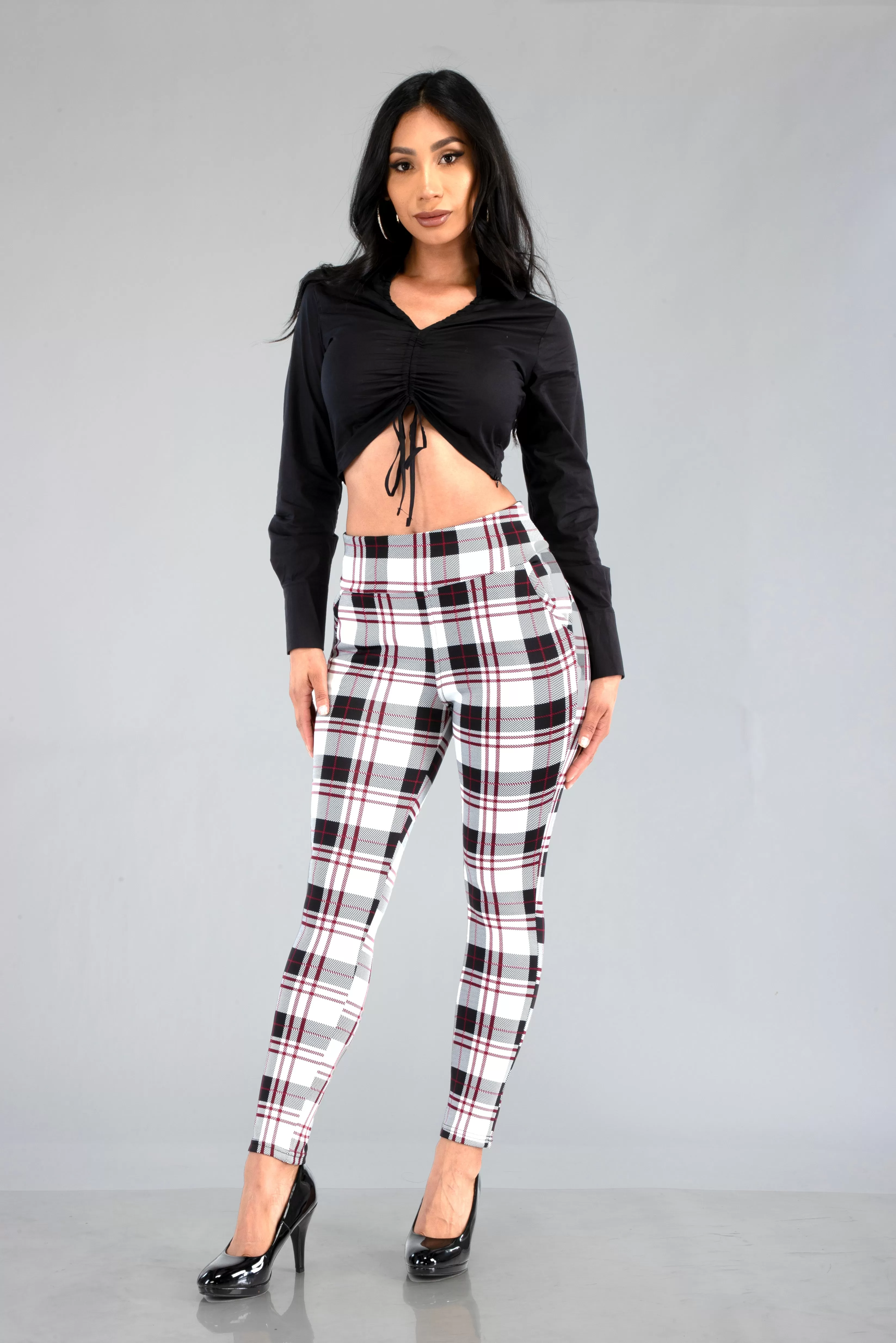 High Waist Sculpting Treggings With Front Pockets - White, Black, Red Plaid