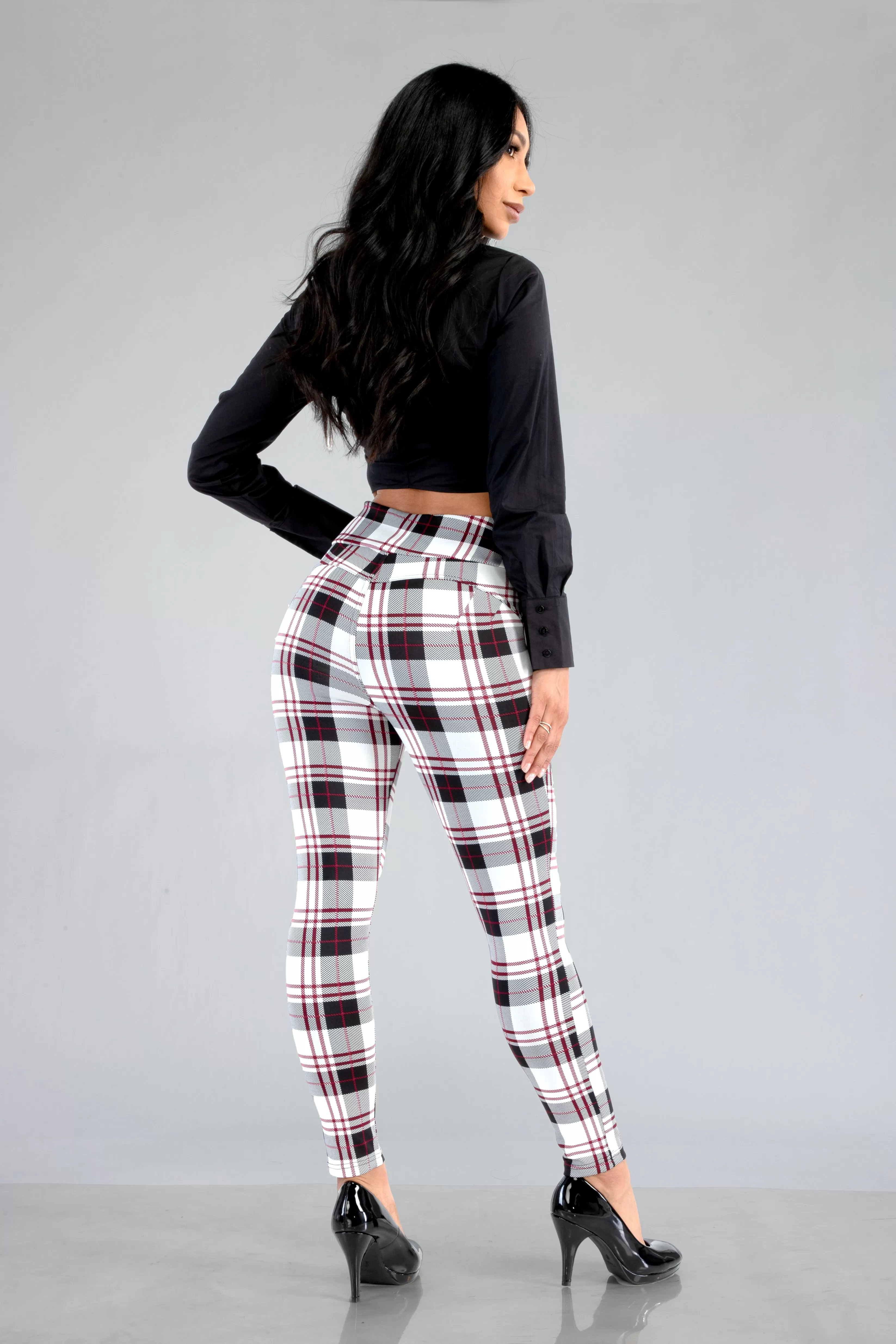 High Waist Sculpting Treggings With Front Pockets - White, Black, Red Plaid