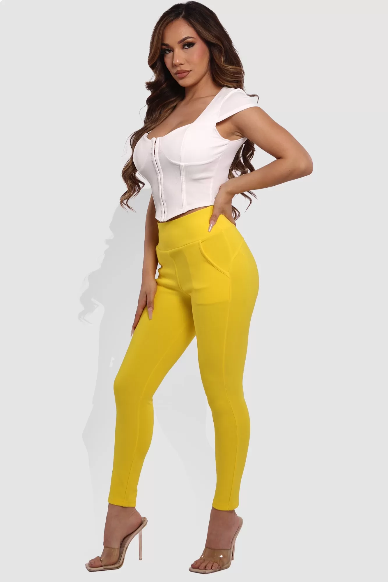 High Waist Sculpting Treggings With Front Pockets - Yellow