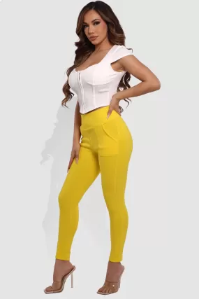 High Waist Sculpting Treggings With Front Pockets - Yellow