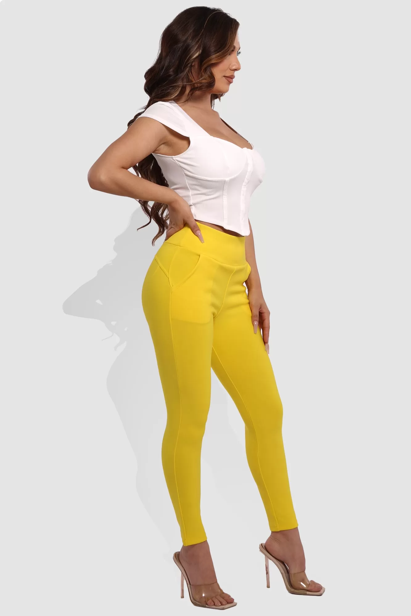 High Waist Sculpting Treggings With Front Pockets - Yellow