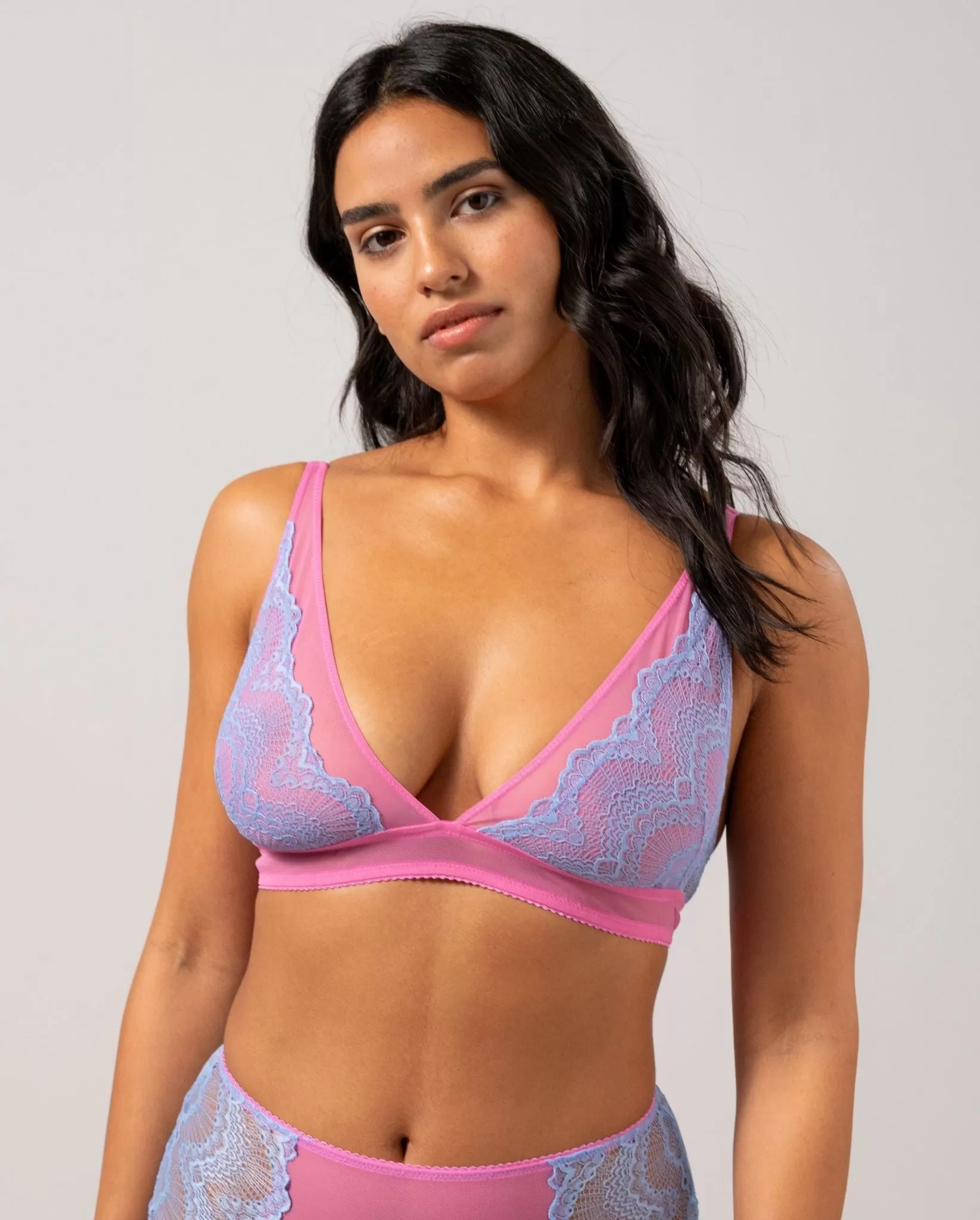 Lace Plunge Bralette Light Blue/Candy Pink