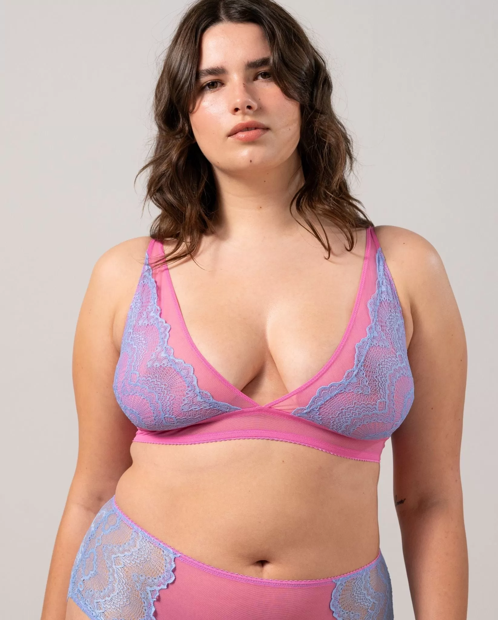 Lace Plunge Bralette Light Blue/Candy Pink