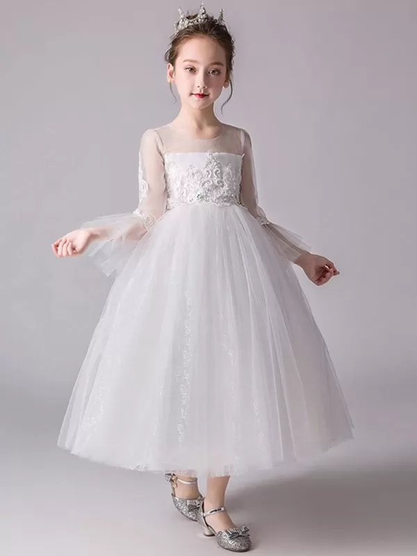 Long Sleeves Embroidered Princess Flower Girl Dresses Jewel Neck Kids Party Dresses