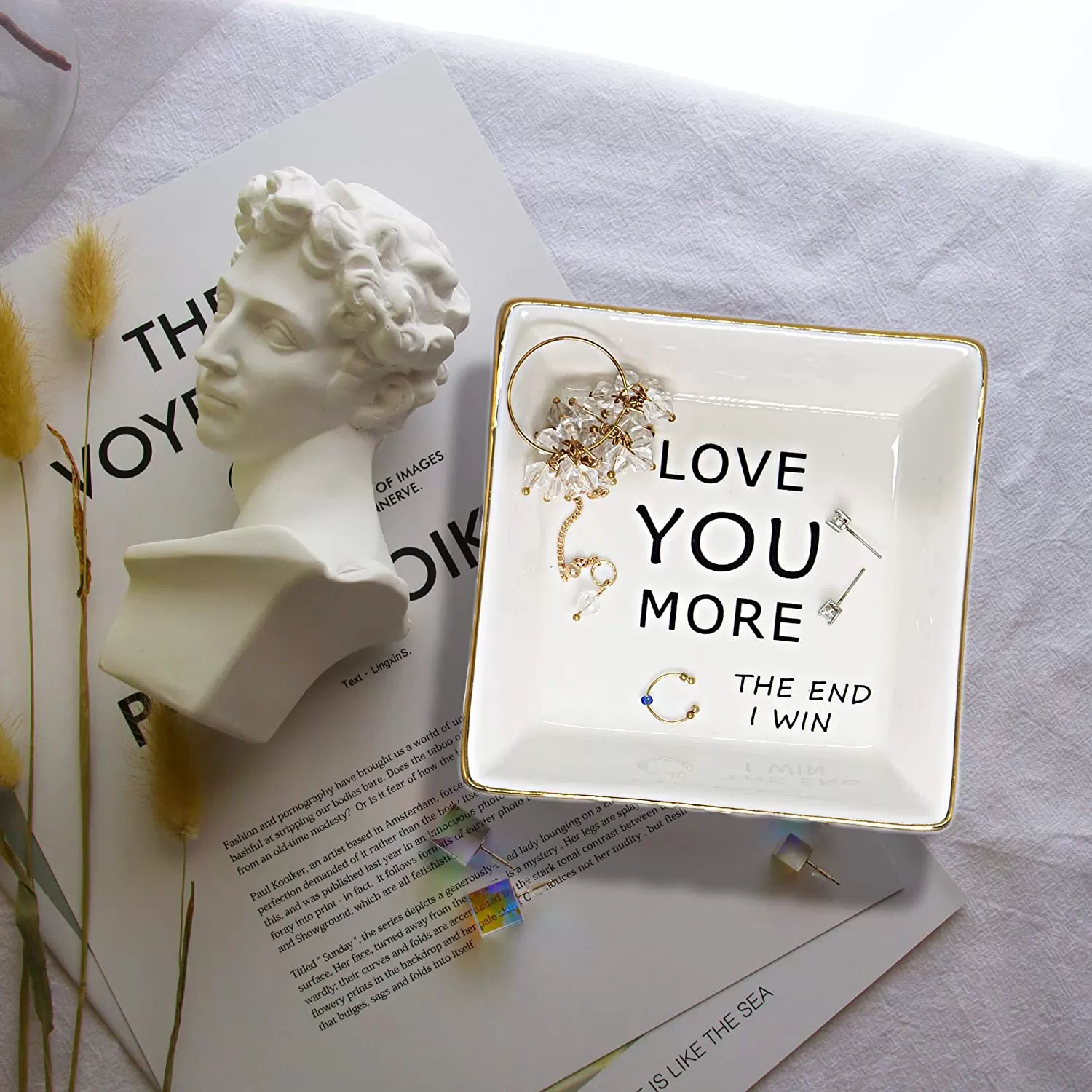 Love You More Trinket Dish, Gifts for Women Ceramic Ring Dish with Golden Trim, Jewelry Dish Gifts for Mom