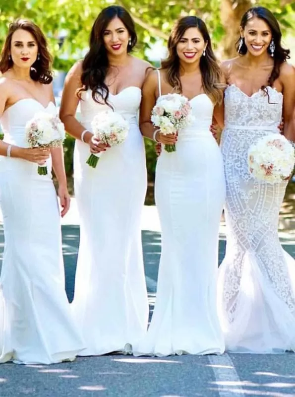 Mermaid Sweetheart Sweep Train White Satin Bridesmaid Dress