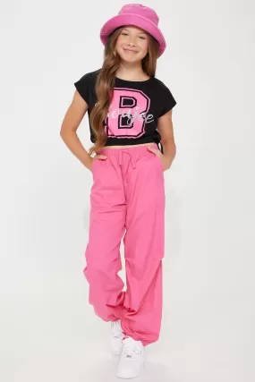 Mini Hard To Get By Parachute Pant Set - Black/Pink