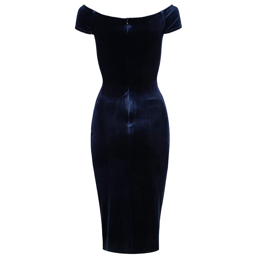 Navy Blue Velour Cap Sleeve Crossover Top Bardot Wiggle Dress